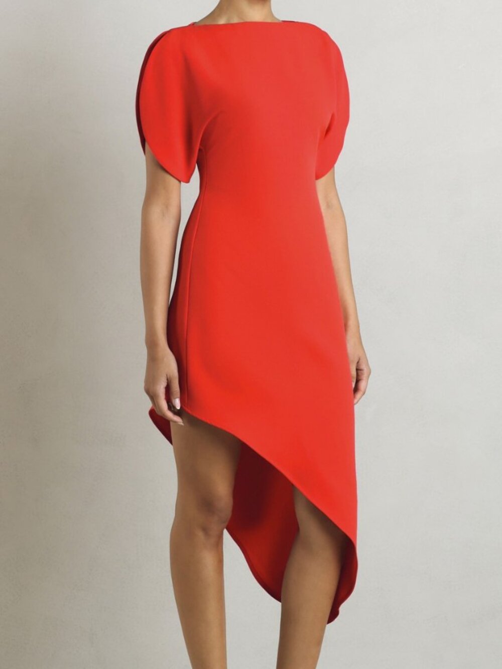 Red Chic Women's Faux Leather Asymmetrical Puff Sleeve Boat Neck Midi Dress